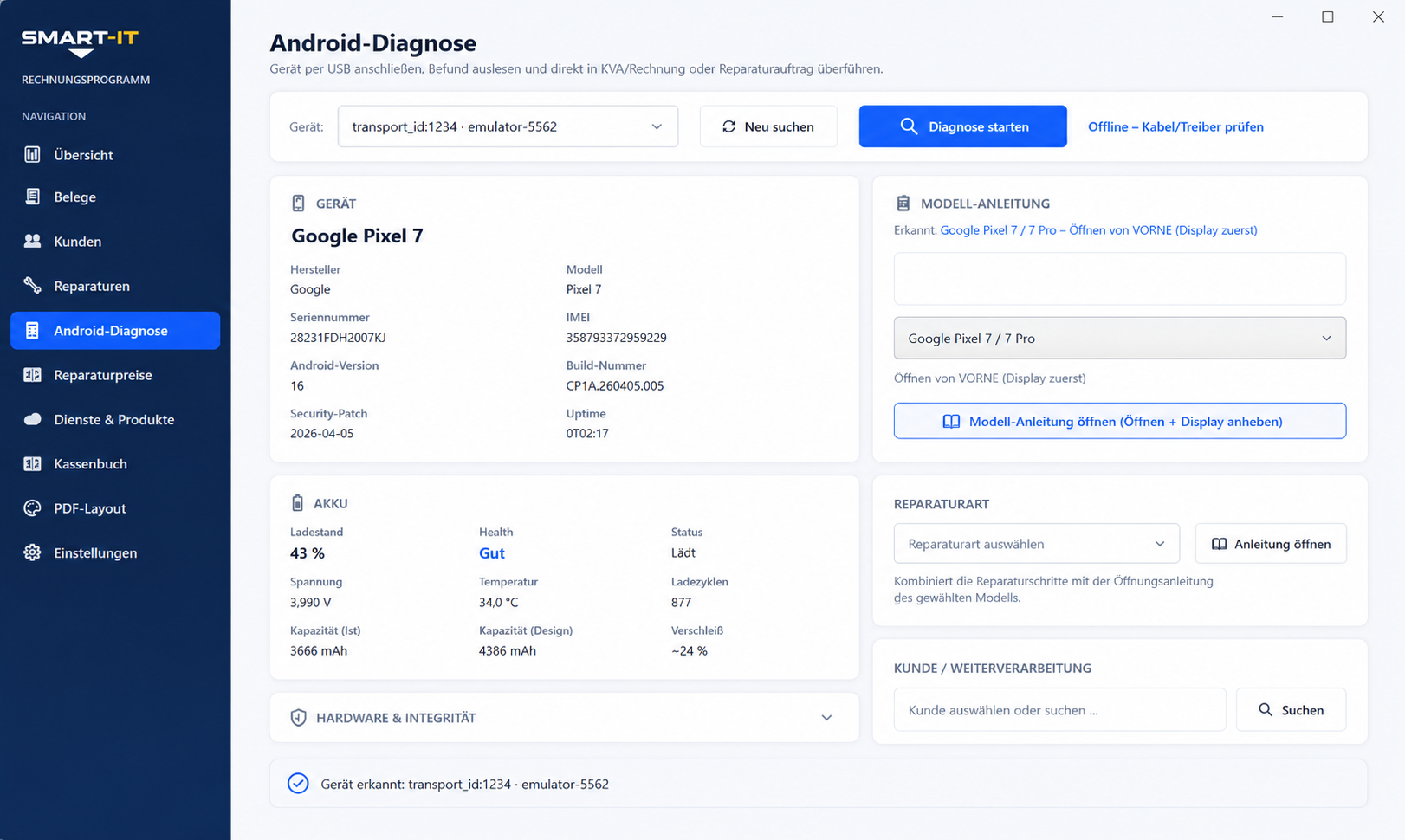 Android-Diagnose: Google Pixel 7 mit Akku-Health, Ladezyklen und Hardware-Integrität automatisch ausgelesen